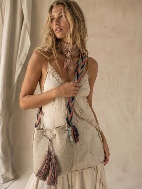 Wayuu Bohemian Boho Fringe Crochet Crossbody Bag in Beige with Multicolor Strap